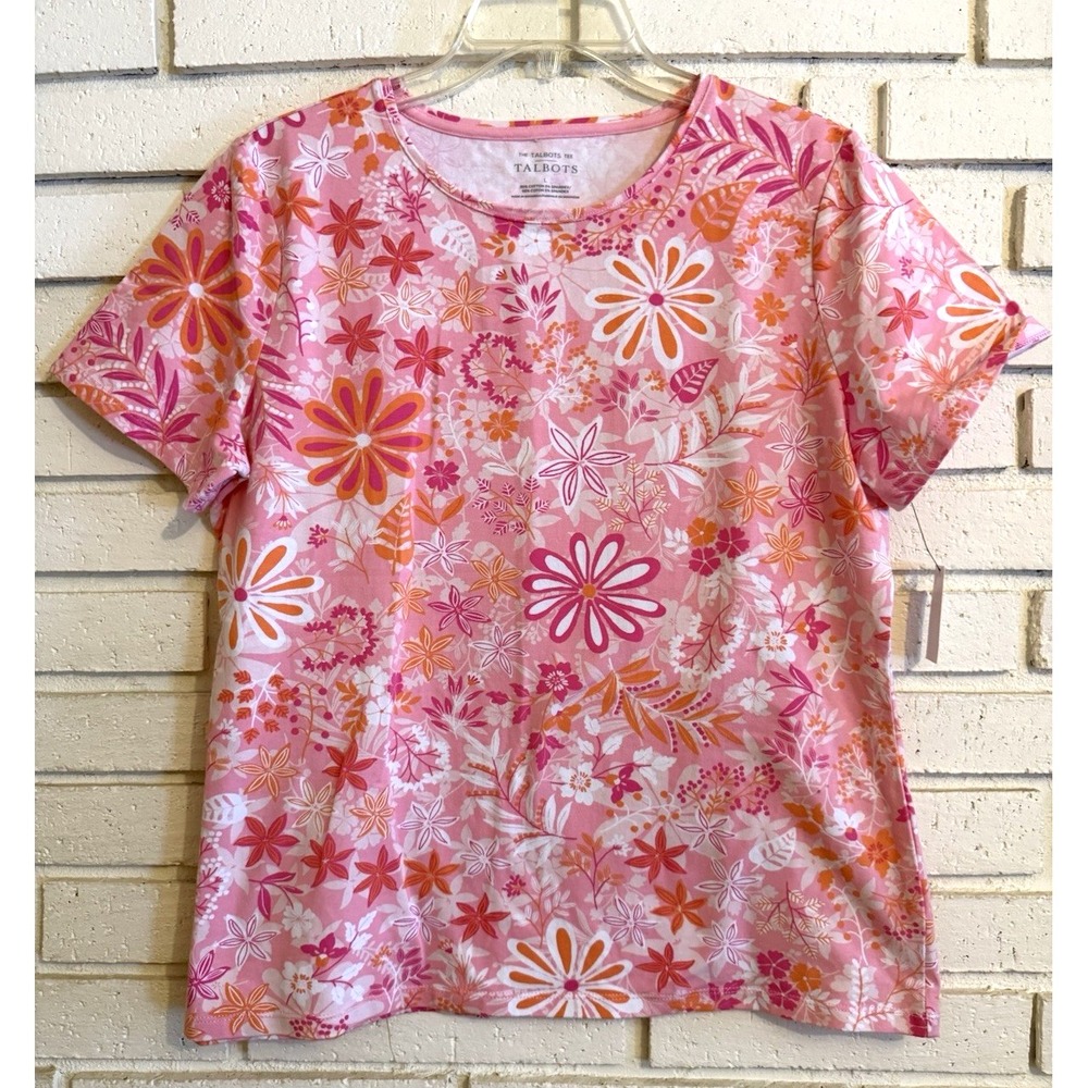 The Talbots Tee Stretch T-shirt ~Size Large ~Pink/Orange Floral NWT NEW